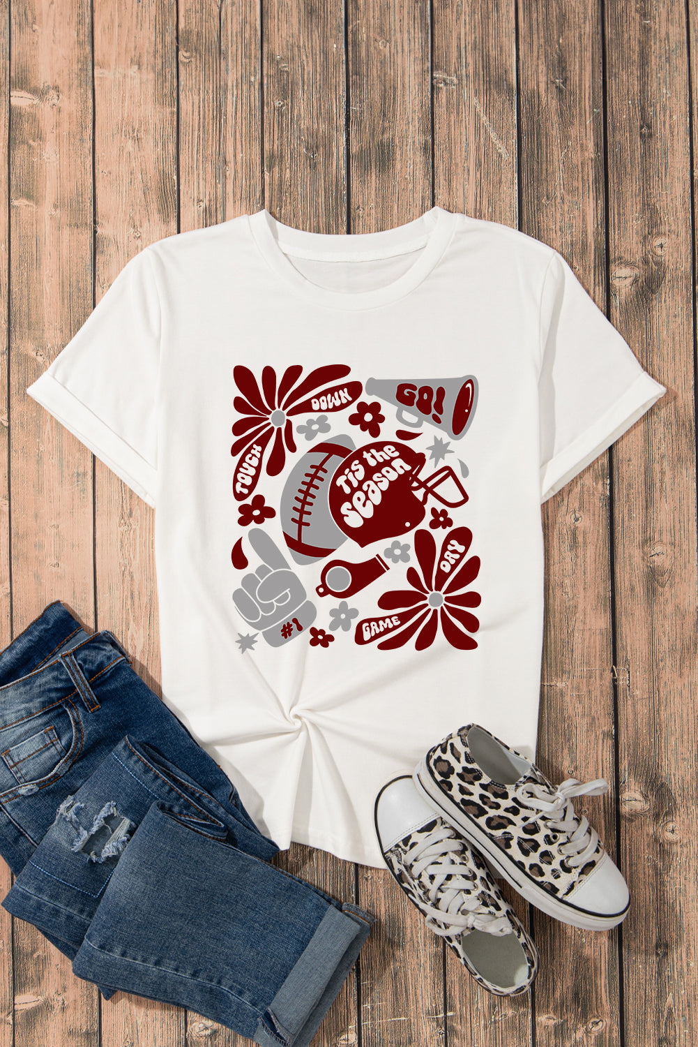White Touch Down Game Day Tis Season Graphic Crew Neck Tee