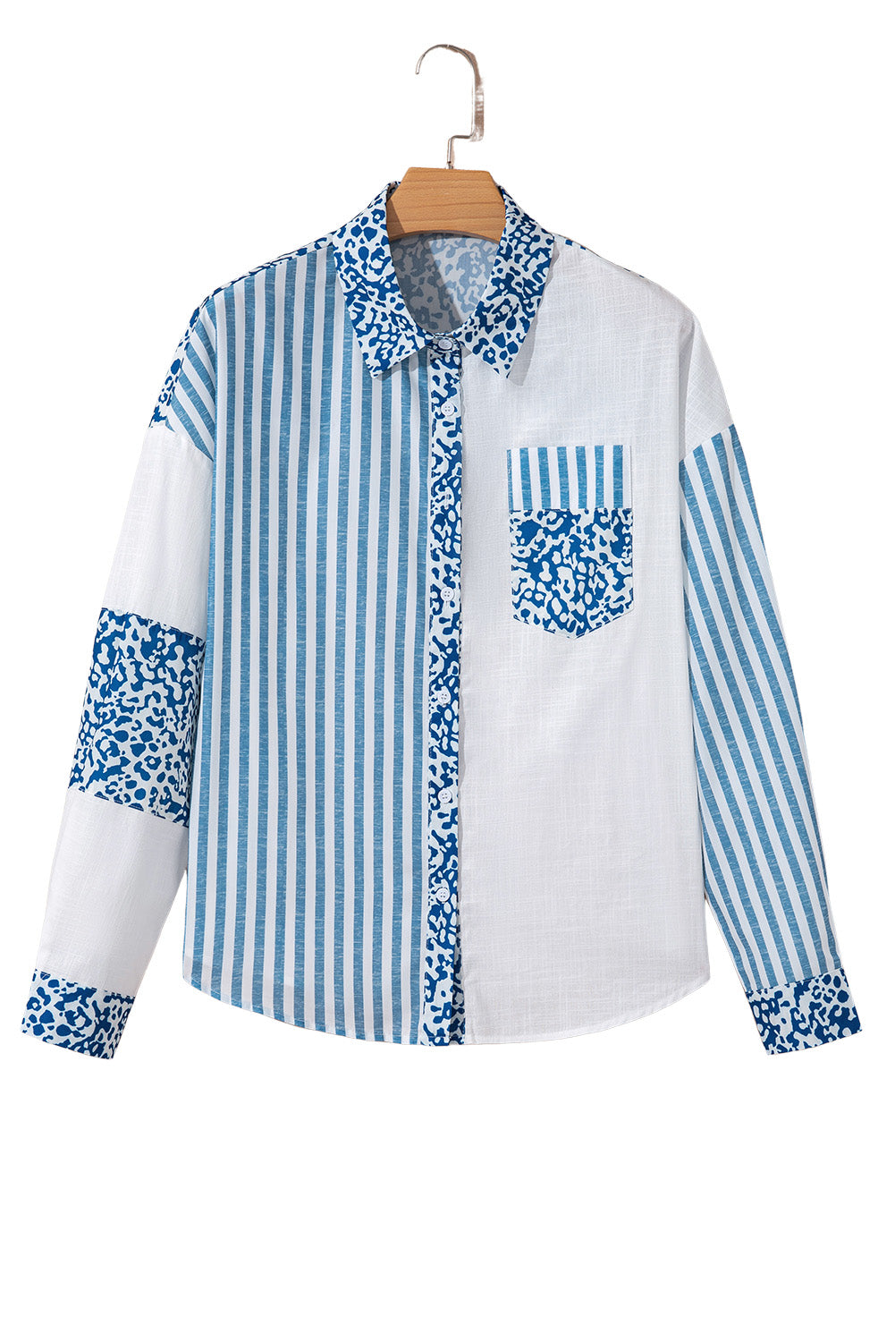 Sky Blue Leopard Striped Patchwork Button-up Shirt