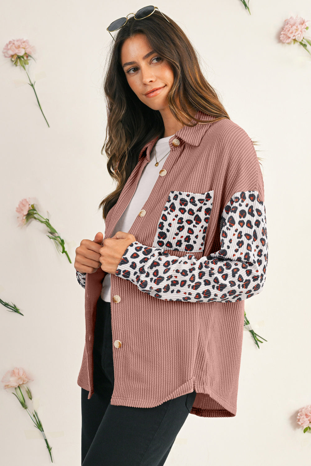 Dark Khaki Leopard Patchwork Twisted Ribbed Casual Shacket
