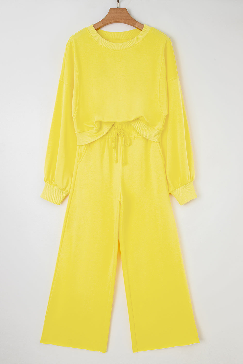 Bright Green Drop Shoulder Crop Pullover Drawstring Wide Leg Pants Set