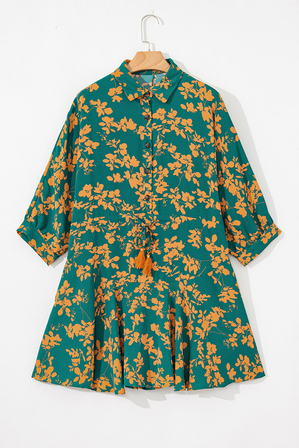 Green Floral Print Drawstring Flowy Short Dress