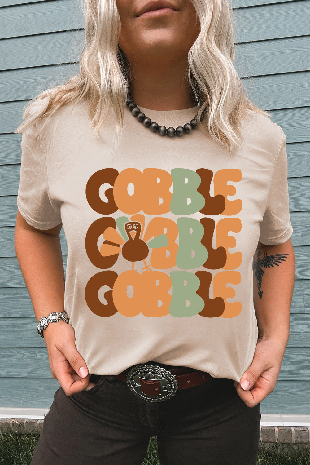 Khaki GOBBLE Turkey Heat Transfer Printing Thanksgiving Graphic Tee
