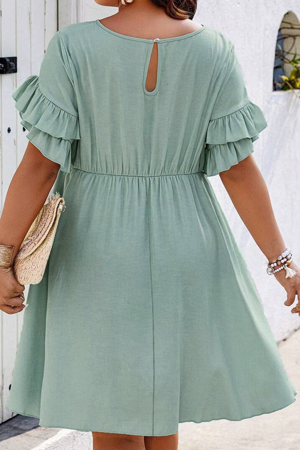 Grass Green Plain Ruffle Hem Plus Size Flared Mini Dress