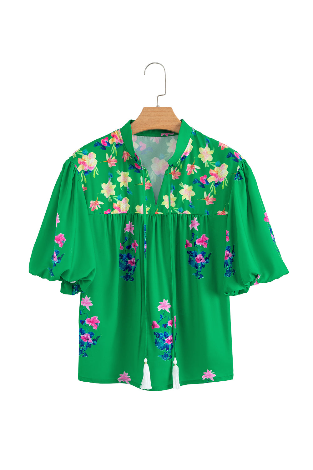 Green Floral Detail Tie Split Neck Puff Sleeve Blouse