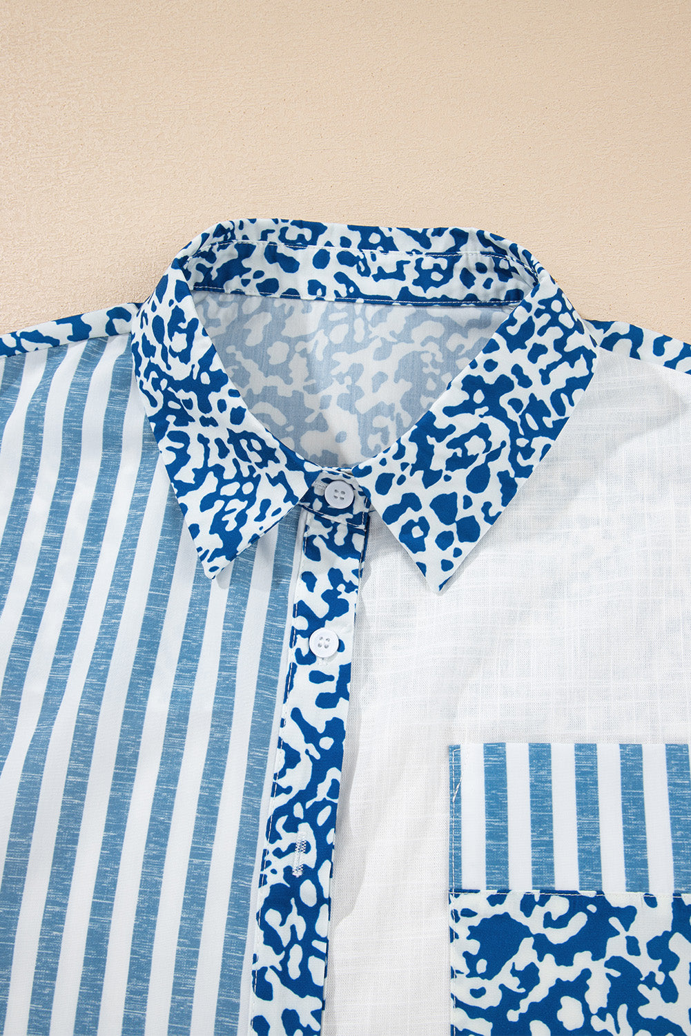 Sky Blue Leopard Striped Patchwork Button-up Shirt