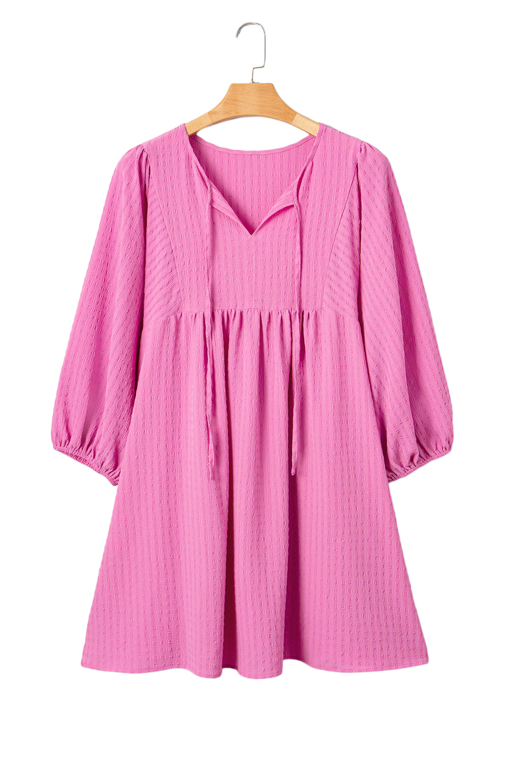 Sachet Pink Plus Size Textured Tie Split Neck Puff Sleeve Flowy Mini Dress