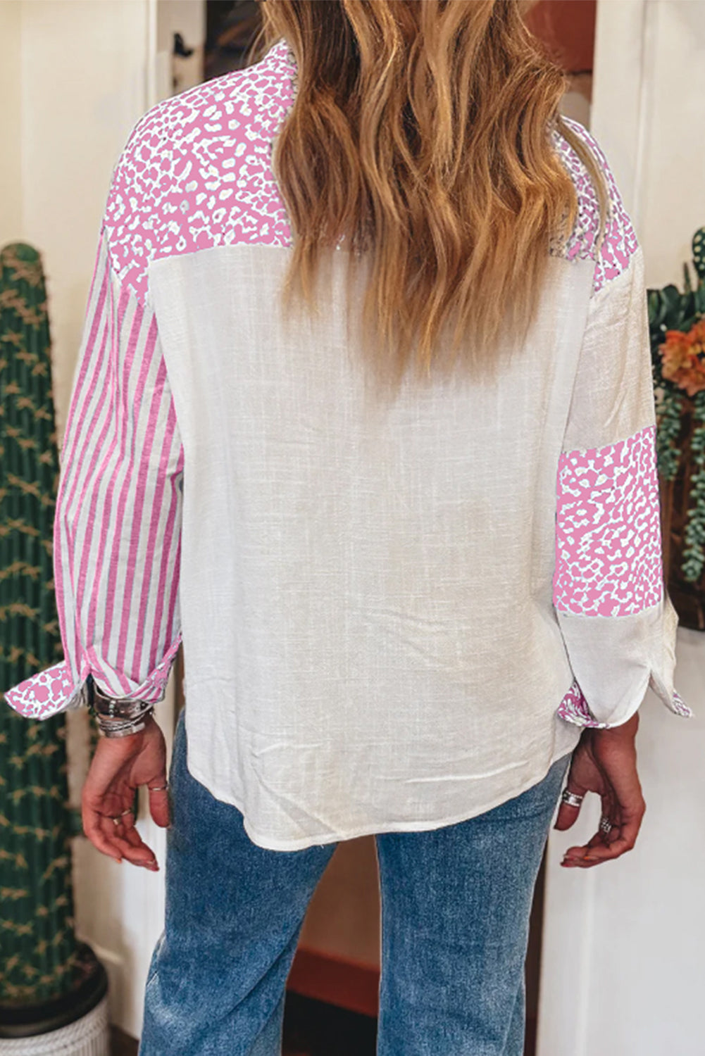Sky Blue Leopard Striped Patchwork Button-up Shirt