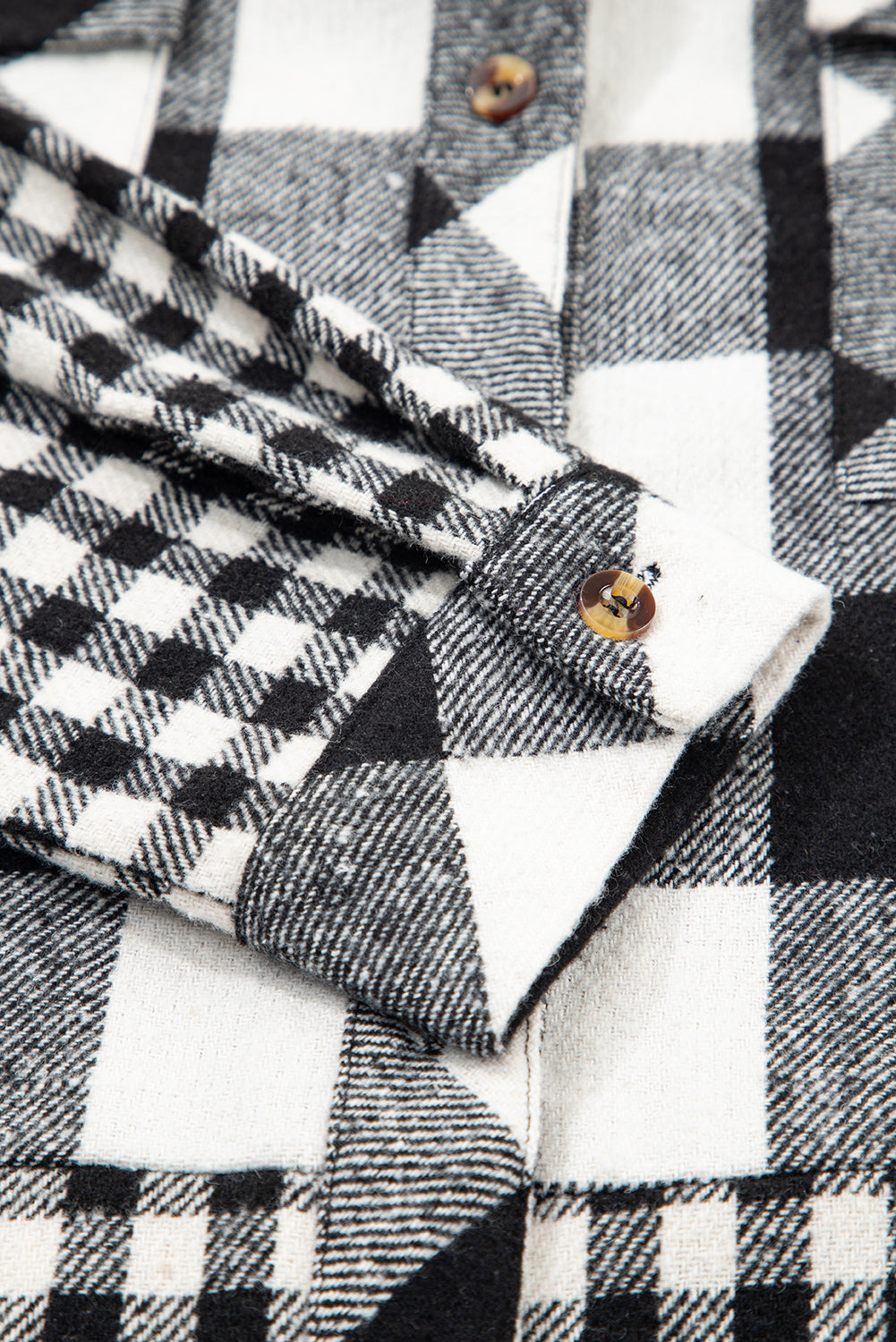 Black Plaid Patchwork Drawstring Hooded Raw Hem Shacket