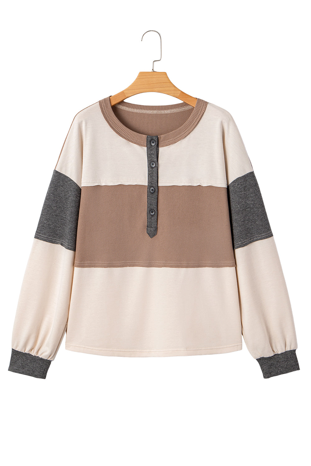 Jet Stream Colorblock Waffle Patchwork Loose Henley Top