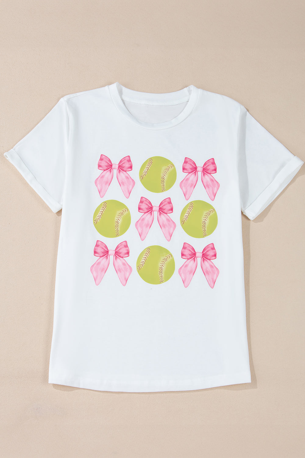White Casual Bow Tie Baseball Graphic Round Neck Tee