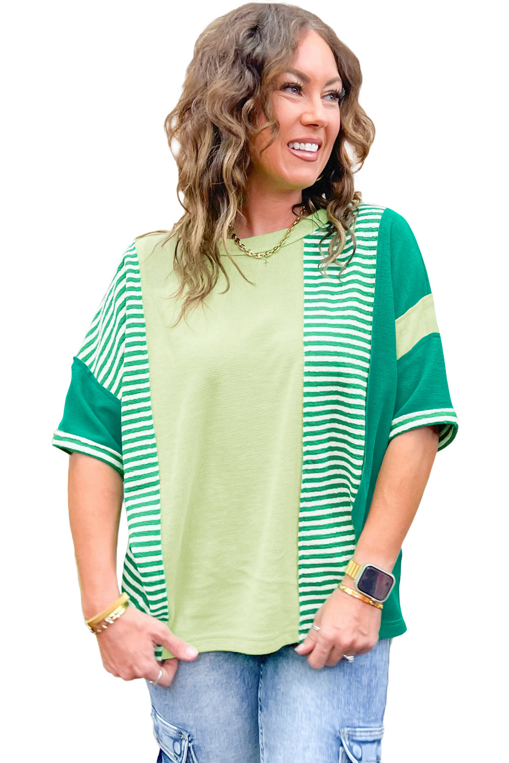 Pink Stripe Waffle Patchwork Plus Size T-Shirt