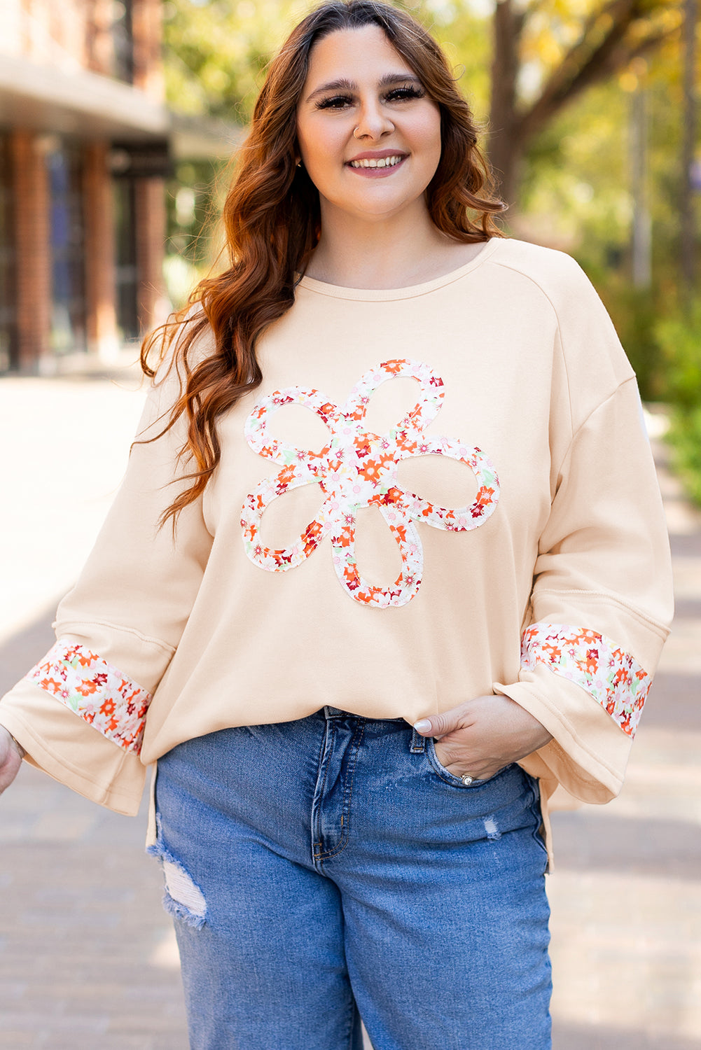 Beige Flower Patched Side Slits Plus Size Top