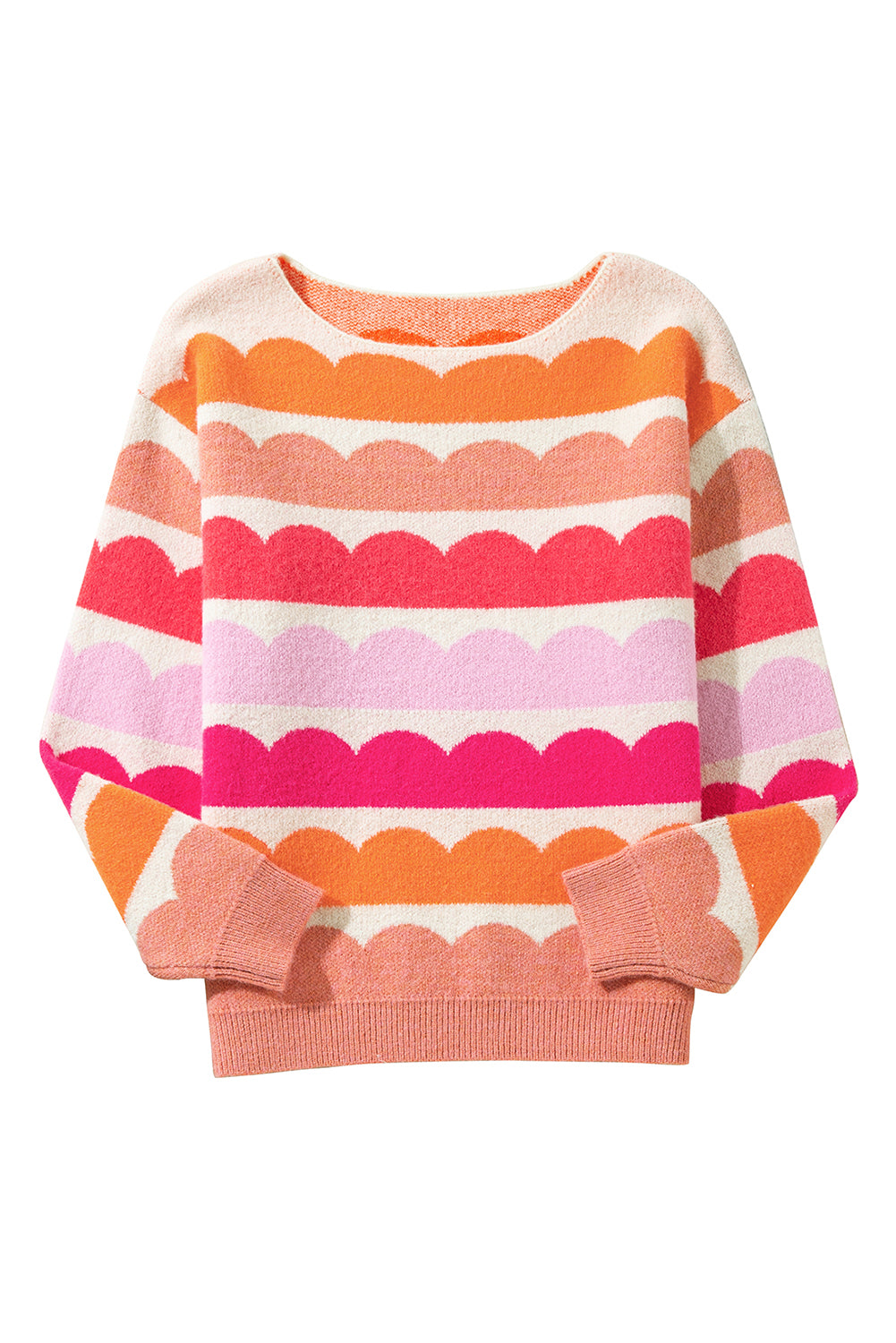 Rose Red Wave Striped Balloon Sleeve Drop Shoulder Sweater