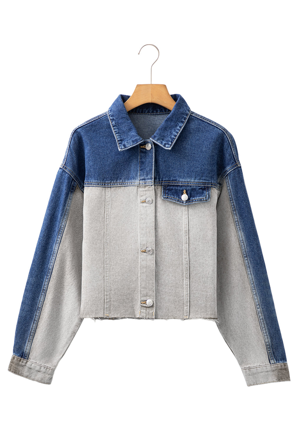 Dusk Blue Patchwork Flap Detail Distress Denim Jacket