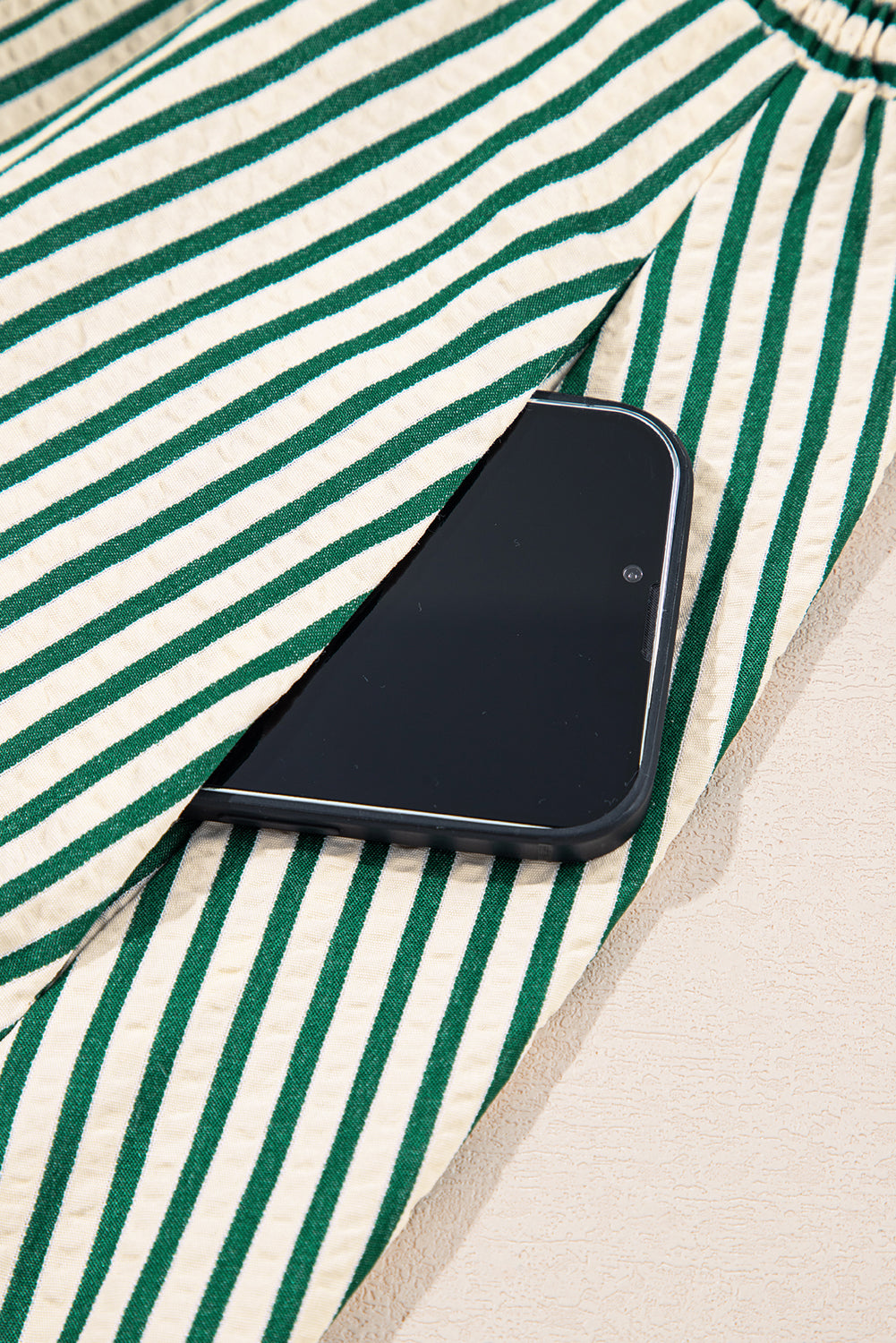 Green Striped V Neck Zip Front Cinched High Waist Midi Dress