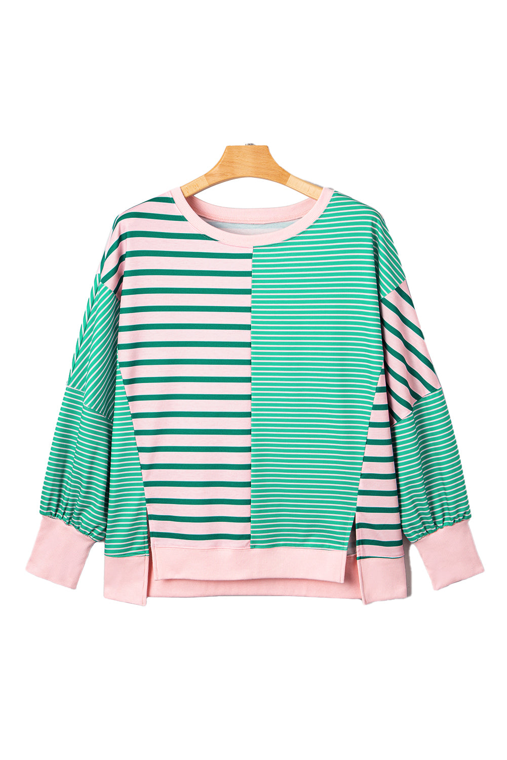 Green Stripe Colorblock Patchwork Side Slit Plus Size Sweatshirt