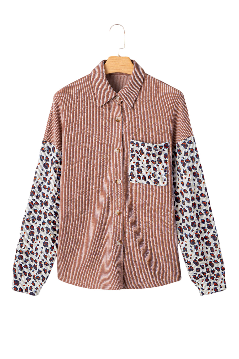 Dark Khaki Leopard Patchwork Twisted Ribbed Casual Shacket