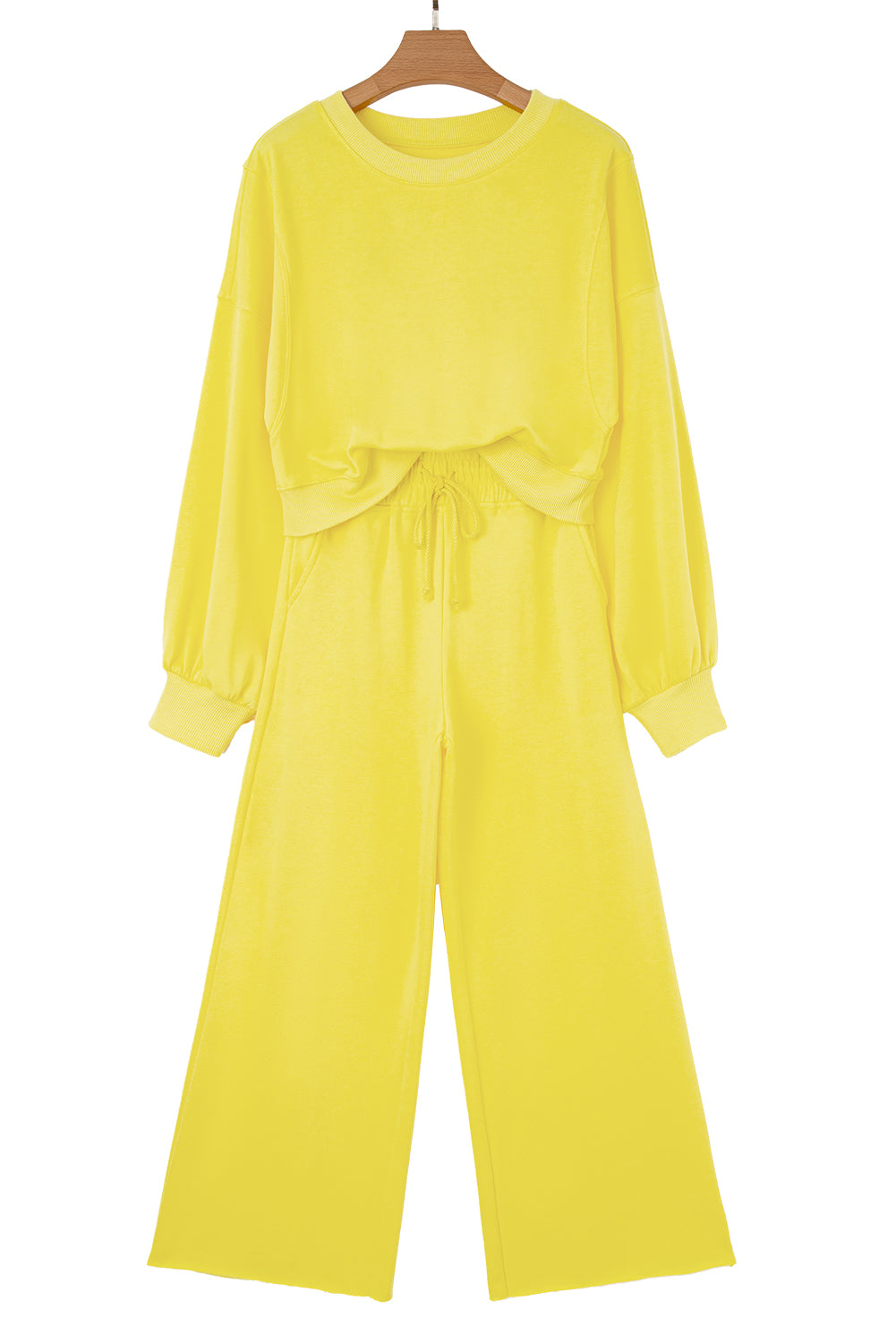 Bright Green Drop Shoulder Crop Pullover Drawstring Wide Leg Pants Set
