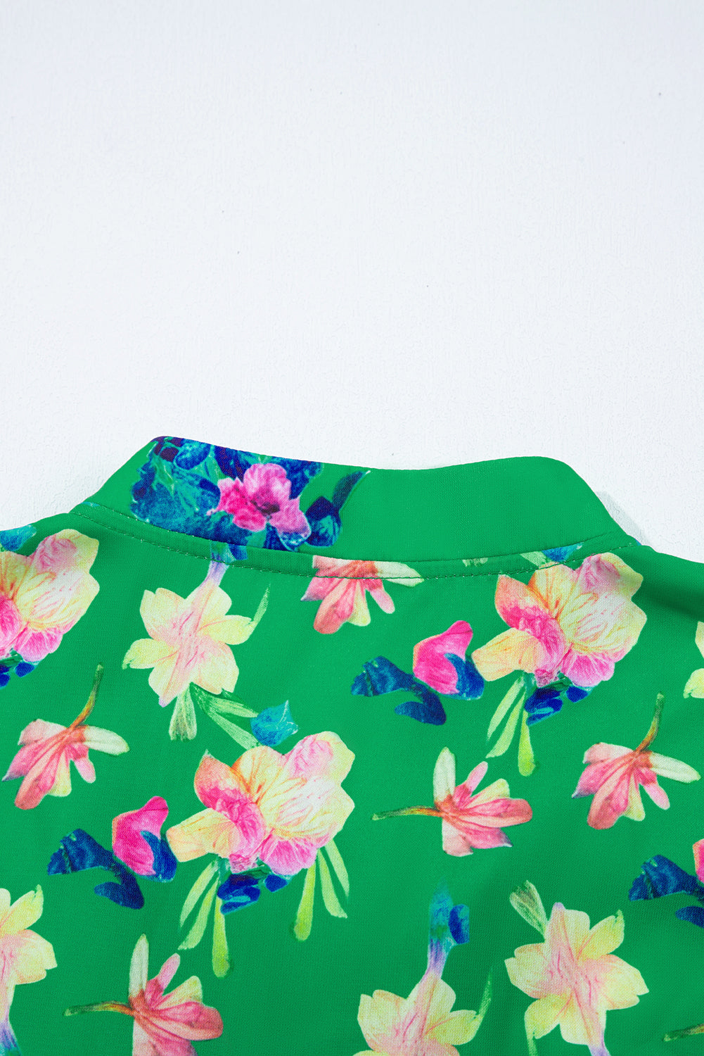 Green Floral Detail Tie Split Neck Puff Sleeve Blouse