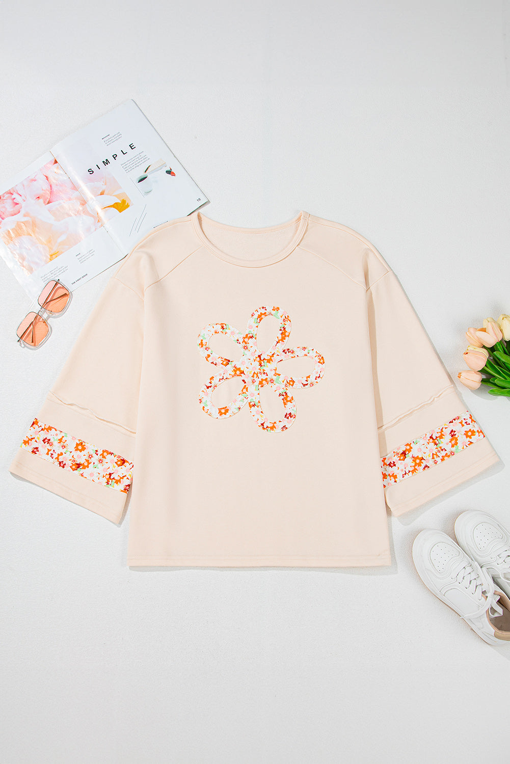Beige Flower Patched Side Slits Plus Size Top