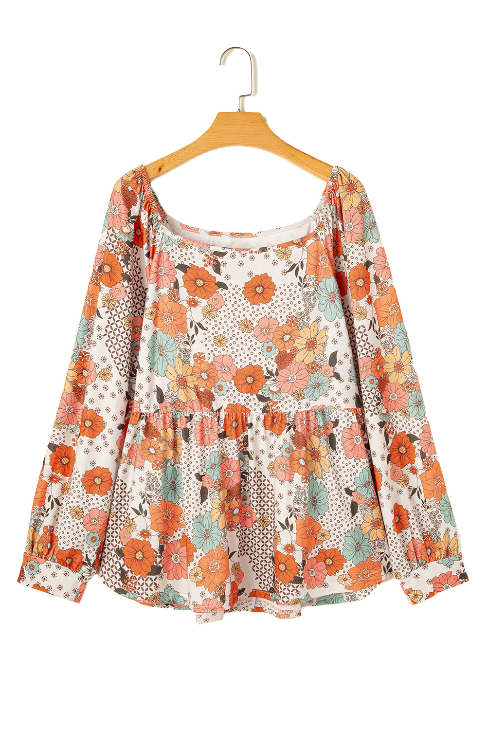 Khaki Plus Size Flower Print Square Neck Peplum Blouse