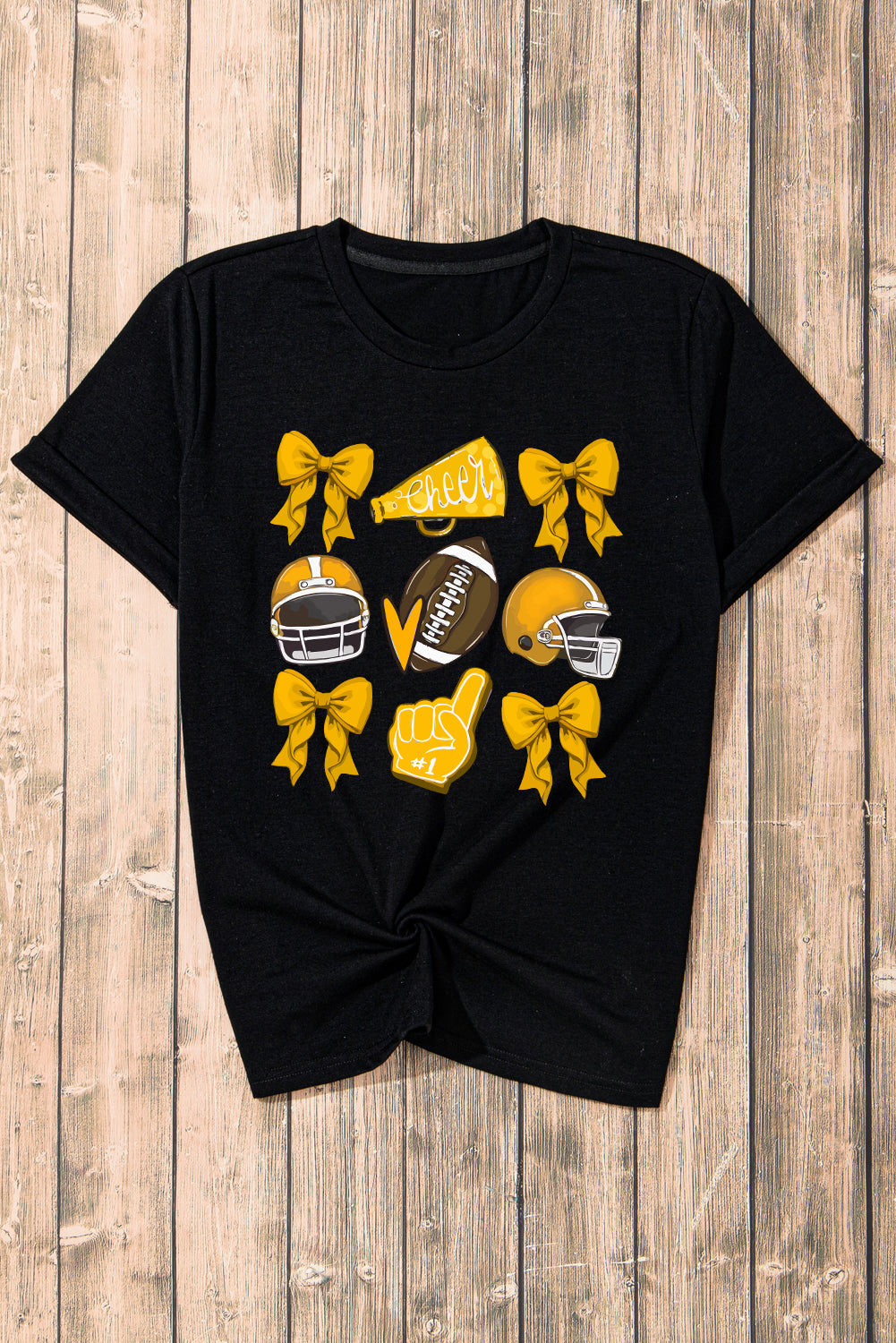 White Game Day Football Cheer Helmet Bow Graphic Tee