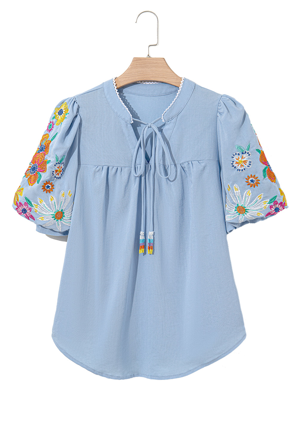 Clearly Aqua Floral Embroidered Puff Sleeve Split Neck Blouse