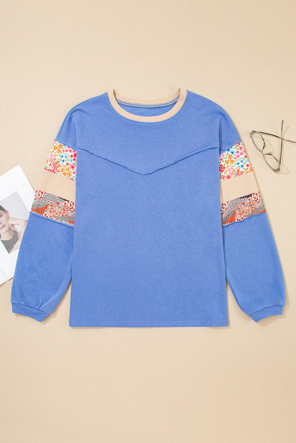 Blue Exposed Seam Floral Mixed Patchwork Plus Size Top