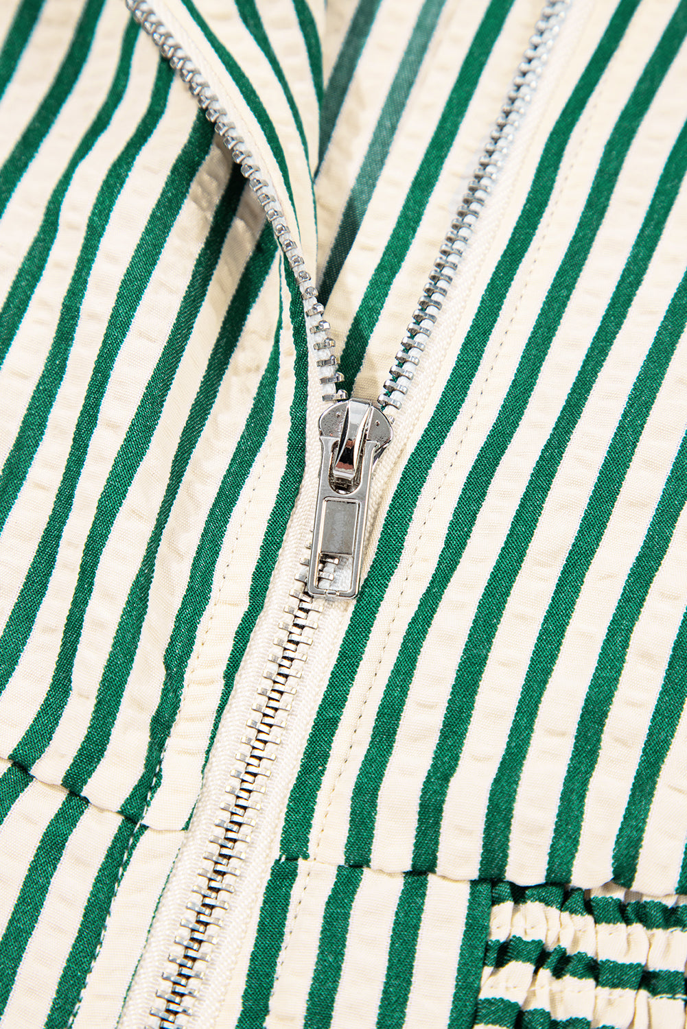Green Striped V Neck Zip Front Cinched High Waist Midi Dress