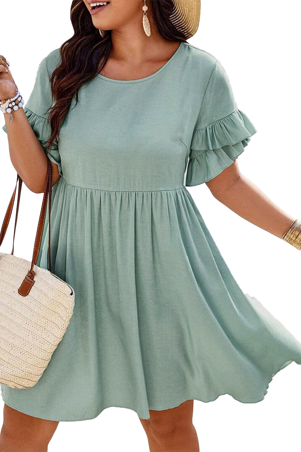 Grass Green Plain Ruffle Hem Plus Size Flared Mini Dress