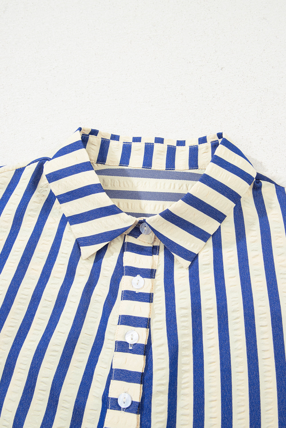 Blue Striped Collared Half Button Side Pockets Loose Fit Mini Dress