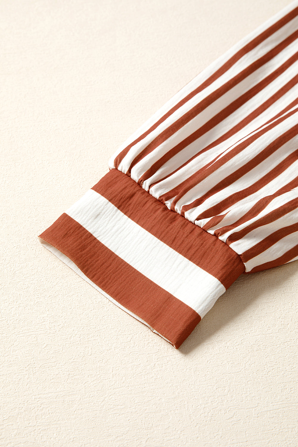 Brown Striped Drawstring V Neck Blouse