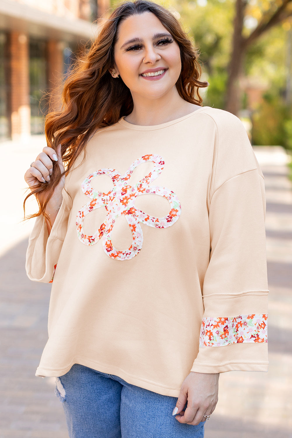 Beige Flower Patched Side Slits Plus Size Top