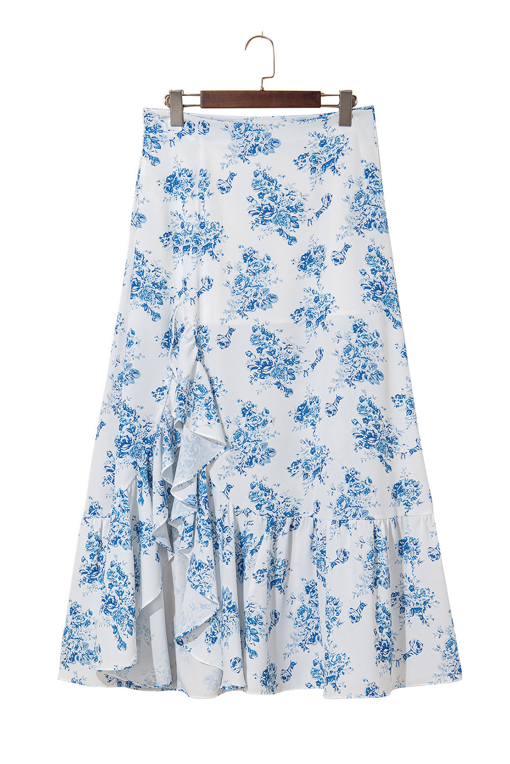 Sky Blue Boho Floral High Waist Ruffle Split Maxi Skirt