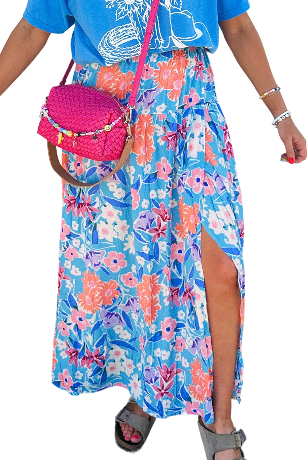 Sky Blue Floral Printed High Waist Split Wrap Long Skirt