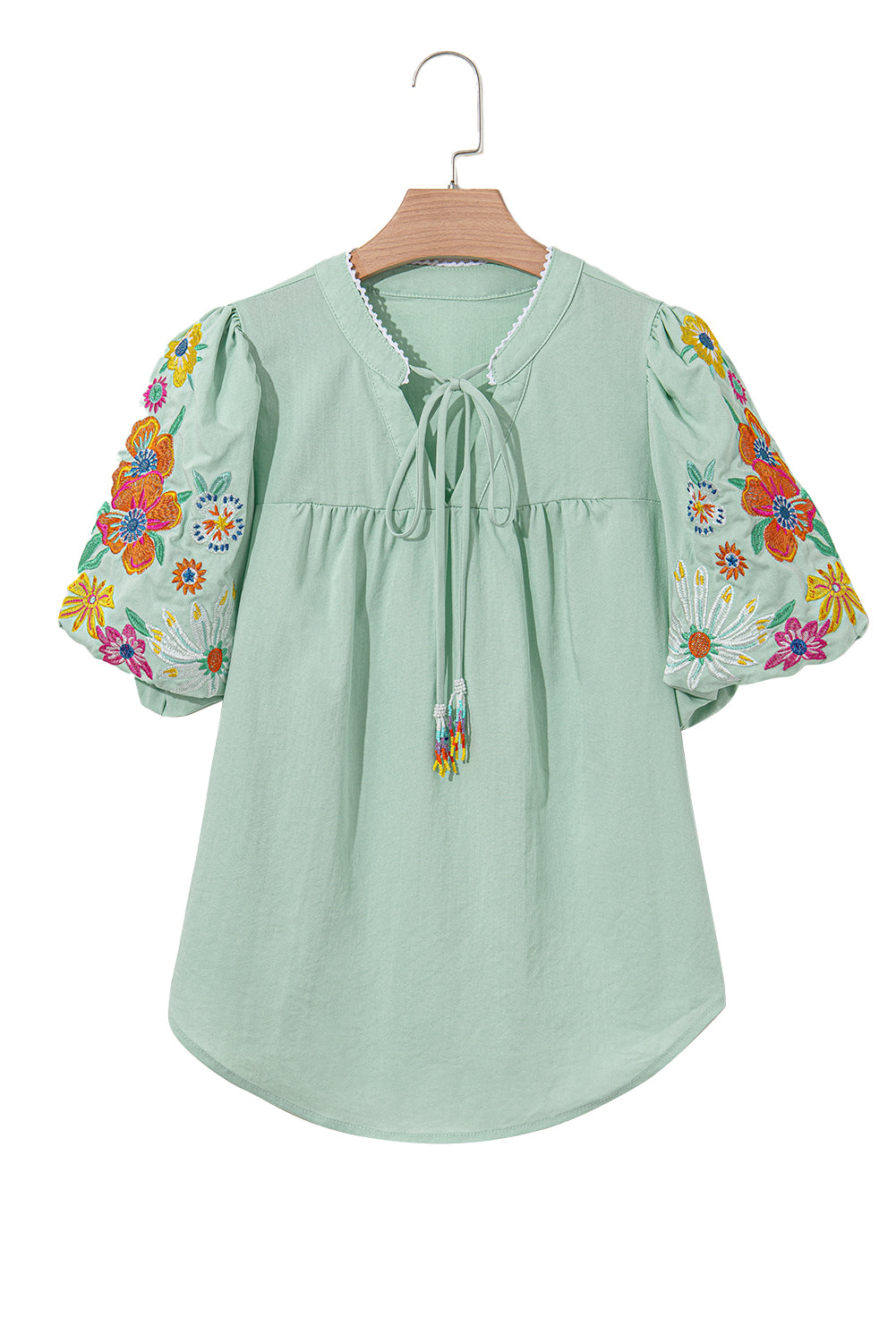 Clearly Aqua Floral Embroidered Puff Sleeve Split Neck Blouse