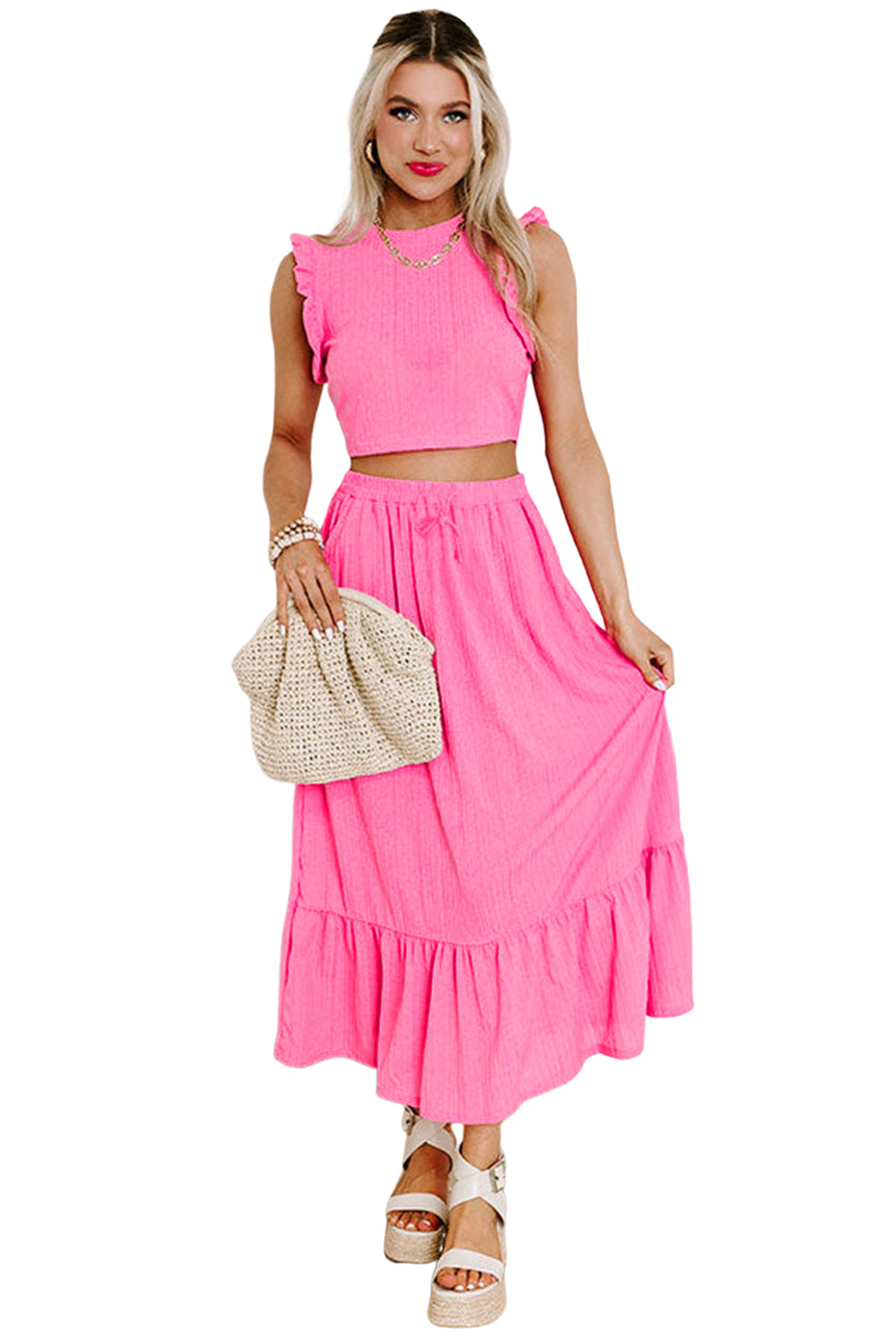 Bonbon Textured Ruffle Trim Crop Top and Drawstring Skirt Set