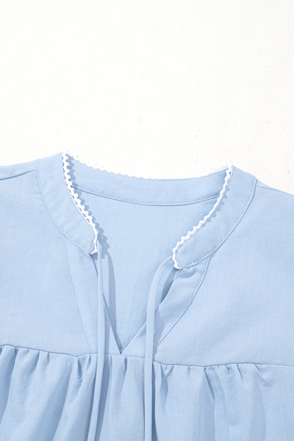 Clearly Aqua Floral Embroidered Puff Sleeve Split Neck Blouse