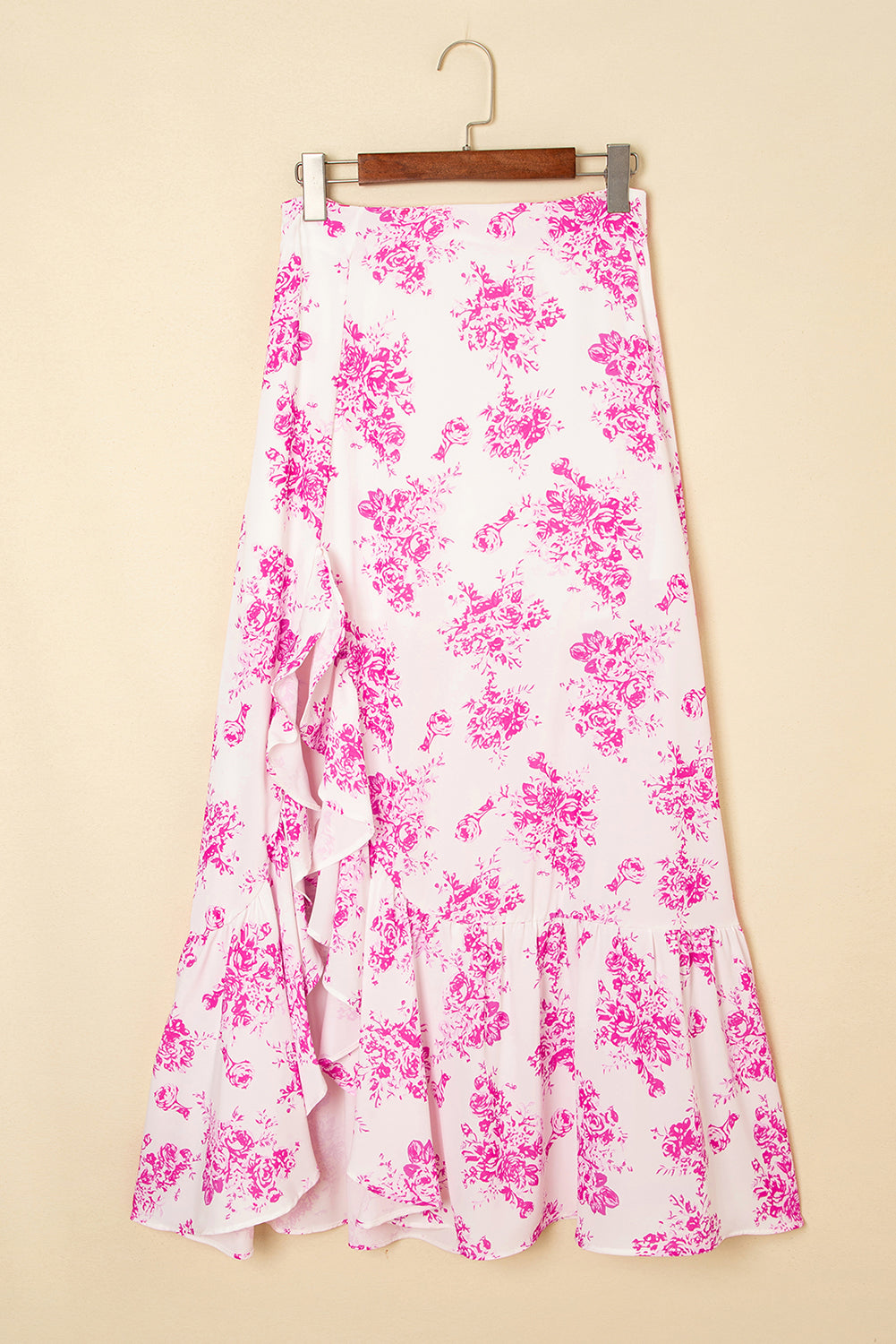 Sky Blue Boho Floral High Waist Ruffle Split Maxi Skirt