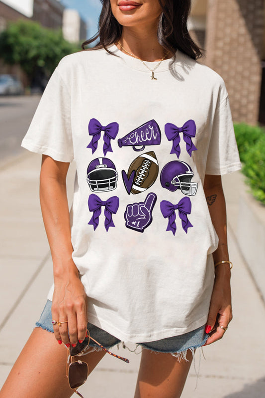 White Game Day Football Cheer Helmet Bow Graphic Tee