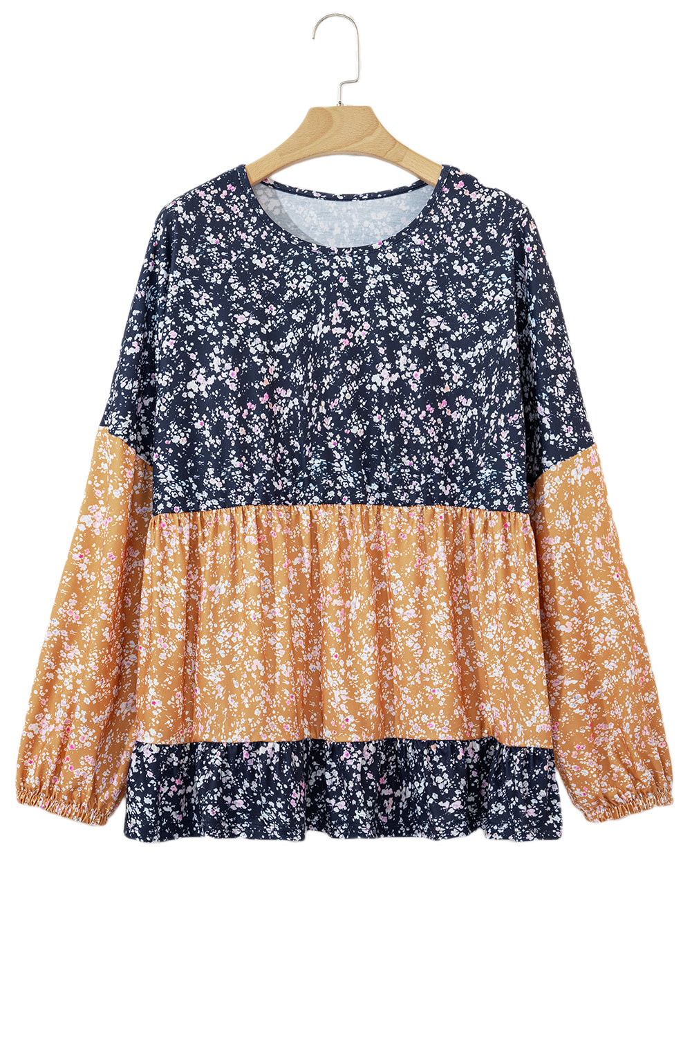 Blue Ditsy Floral Color Block Ruffle Hem Long Sleeve Top