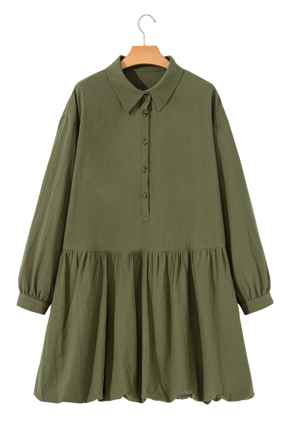 Green Plus Size Long Sleeve Ruffle Hem Mini Shirt Dress