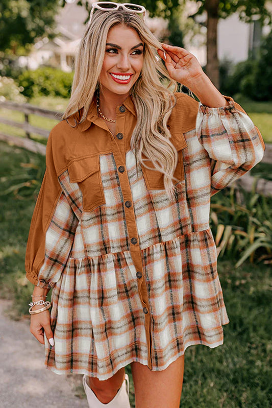 Khaki Plaid Colorblock Patchwork Ruffle Hem Tunic Shirt Dress