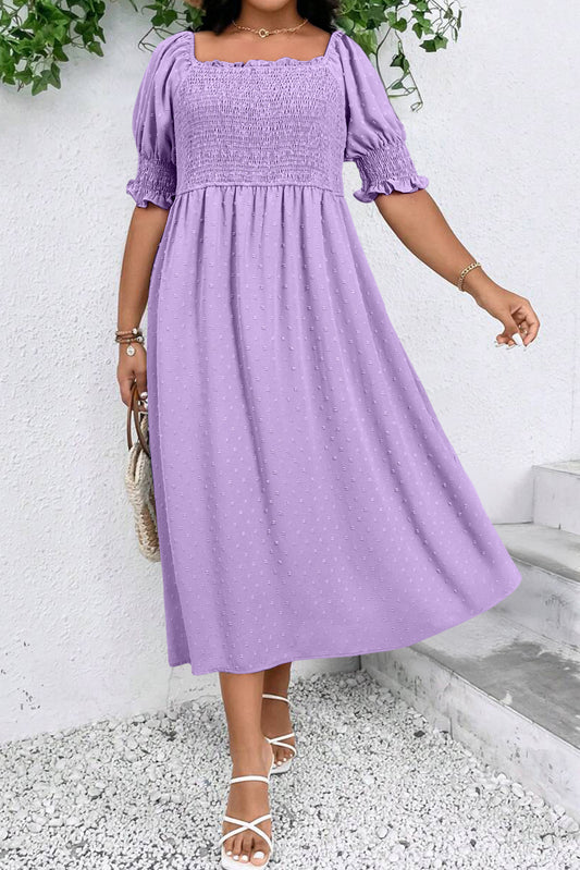 Wisteria Swiss Dot Smocked Frill Square Neck Plus Size Dress