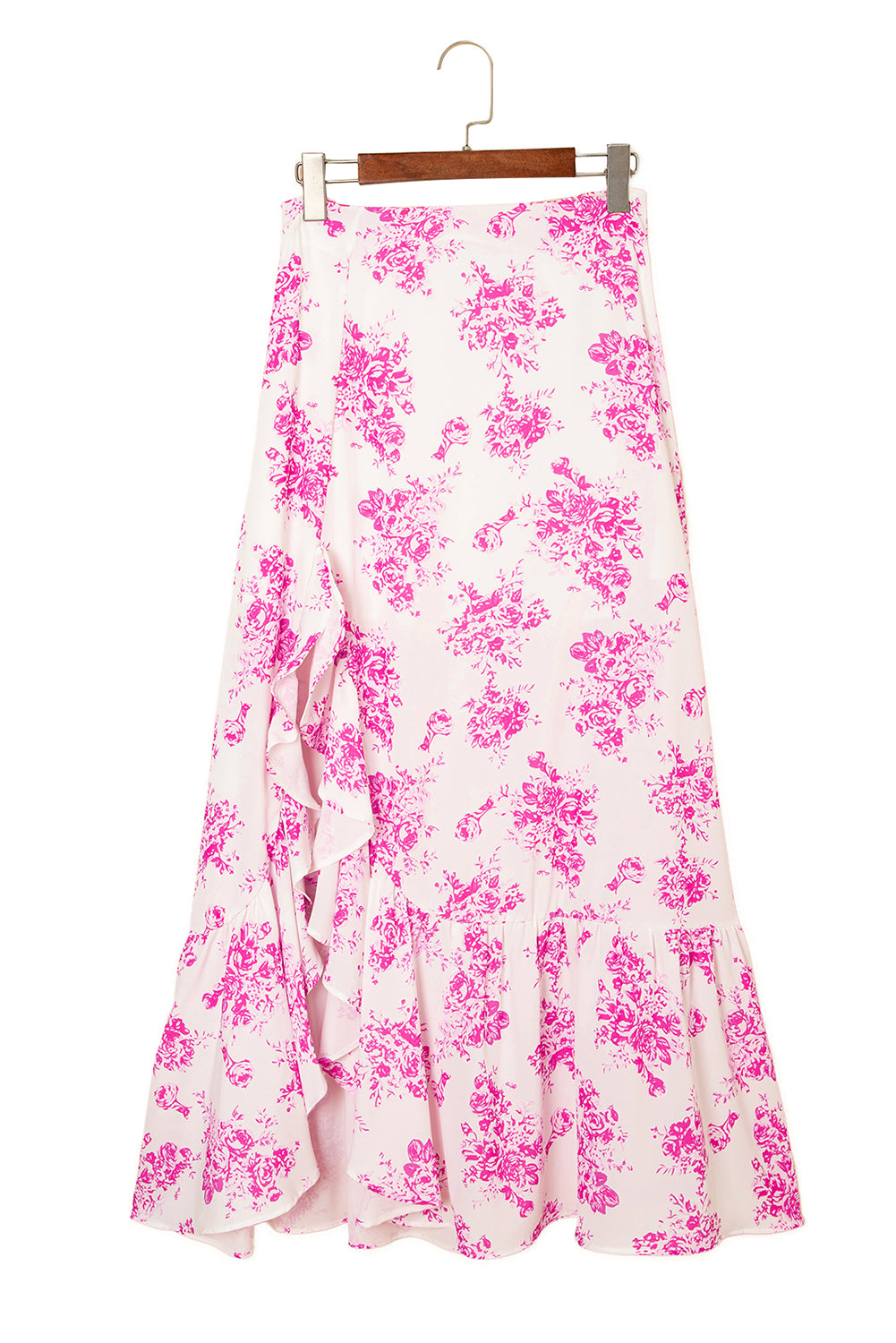 Sky Blue Boho Floral High Waist Ruffle Split Maxi Skirt